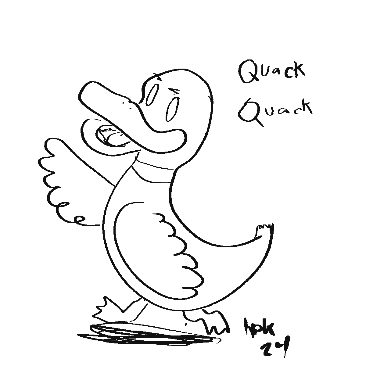 crudely drawn duck with the artist's left hand