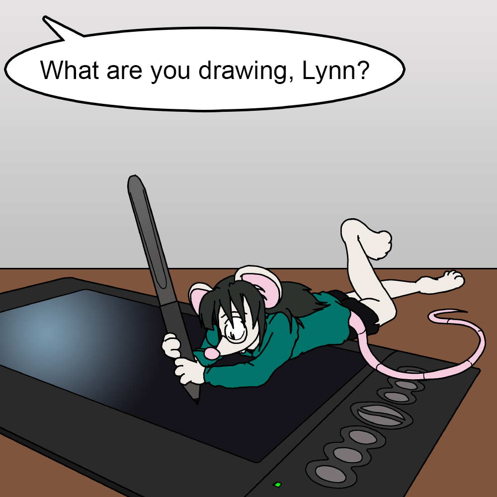 Rat Lynn laying on her tablet drawing with her stylus that's quite big for her.  A voice off-camera asks, "What are you drawing, Lynn?"