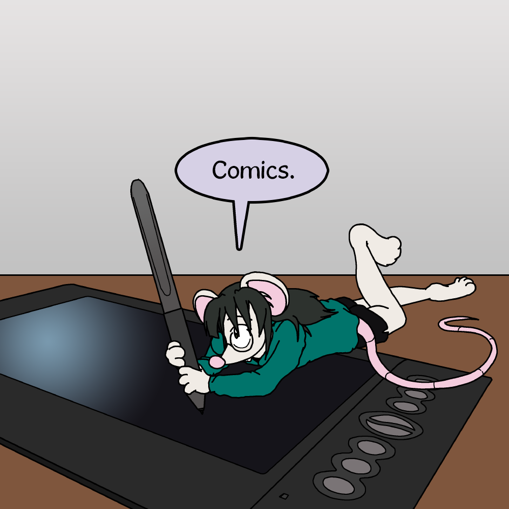 Rat Lynn looks up towards the off-camera speaker and answers, "Comics."