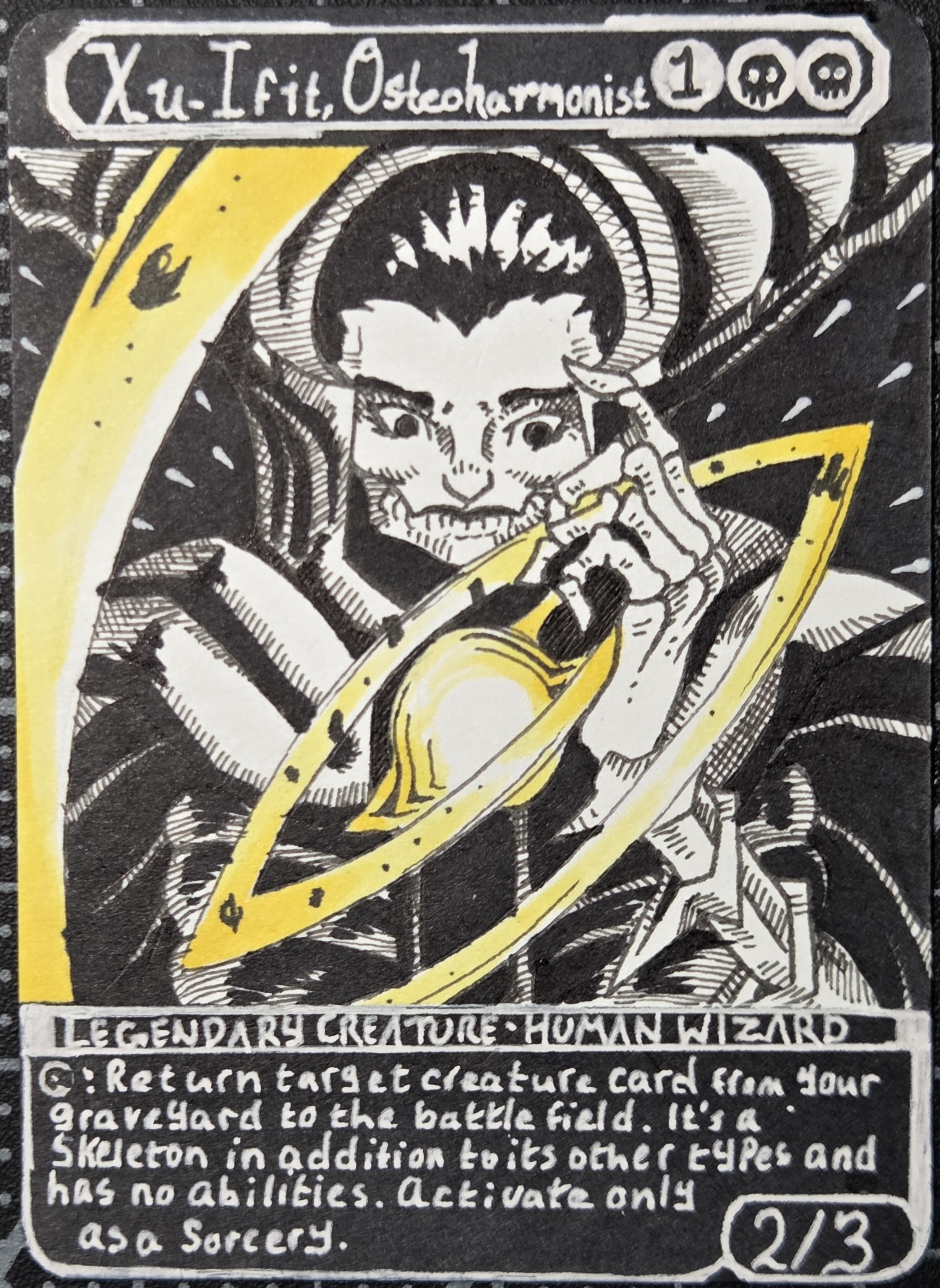 An art proxy of Xu-Ifit, Osteoharmonist. Xu is a heavily armored skeletal woman, but her face is flesh except for an ecposed lower jaw. She has an elaborate metal headdress shaped like a hammerhead shark skull, and her hand and arms are sharp chrome over exposed bone. Thie illustration shows her reaching a hand out to the swirl of matter around a luminous black hole.