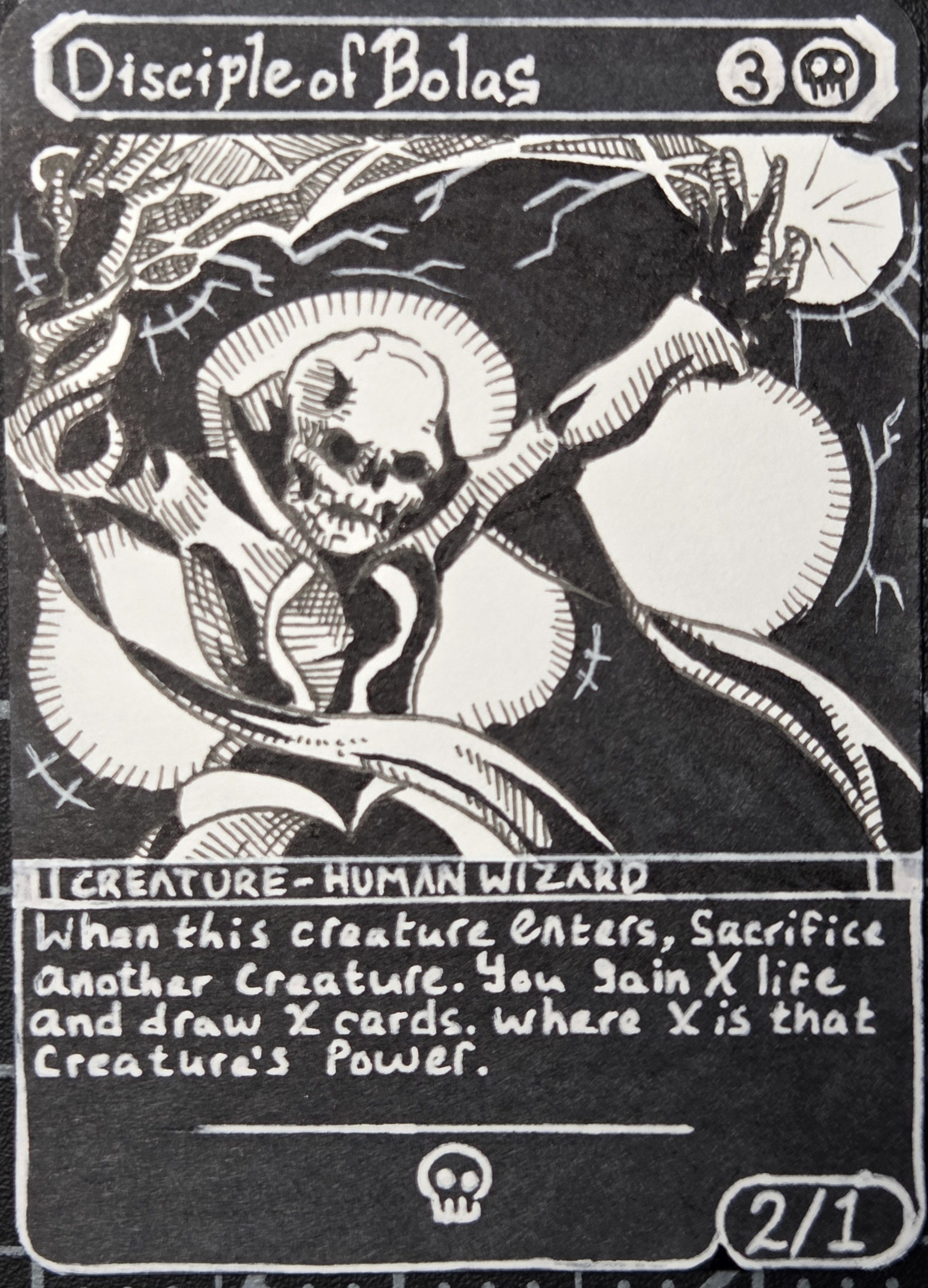 An art proxy of Disciple of Bolas. It shows a wizard casting a spell, with hands over her head and energy crackling between her outstretched hands. In a divergence from the original art, she is a skeleton.