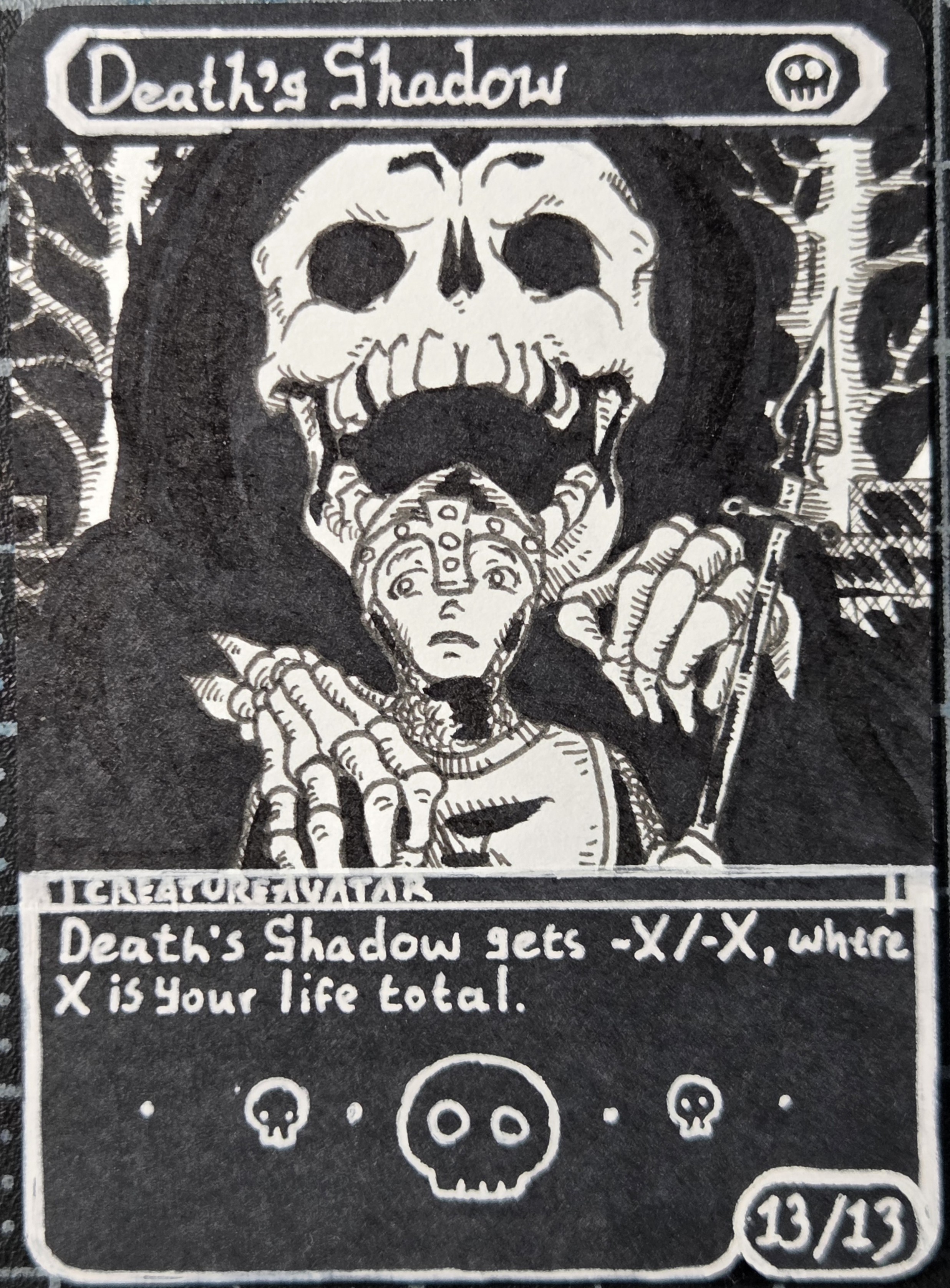 An art proxy of Death's Shadow. A soldier in chainmail and armor looks apprehensive as a large shadowy skeleton lays a hand on his shoulder.