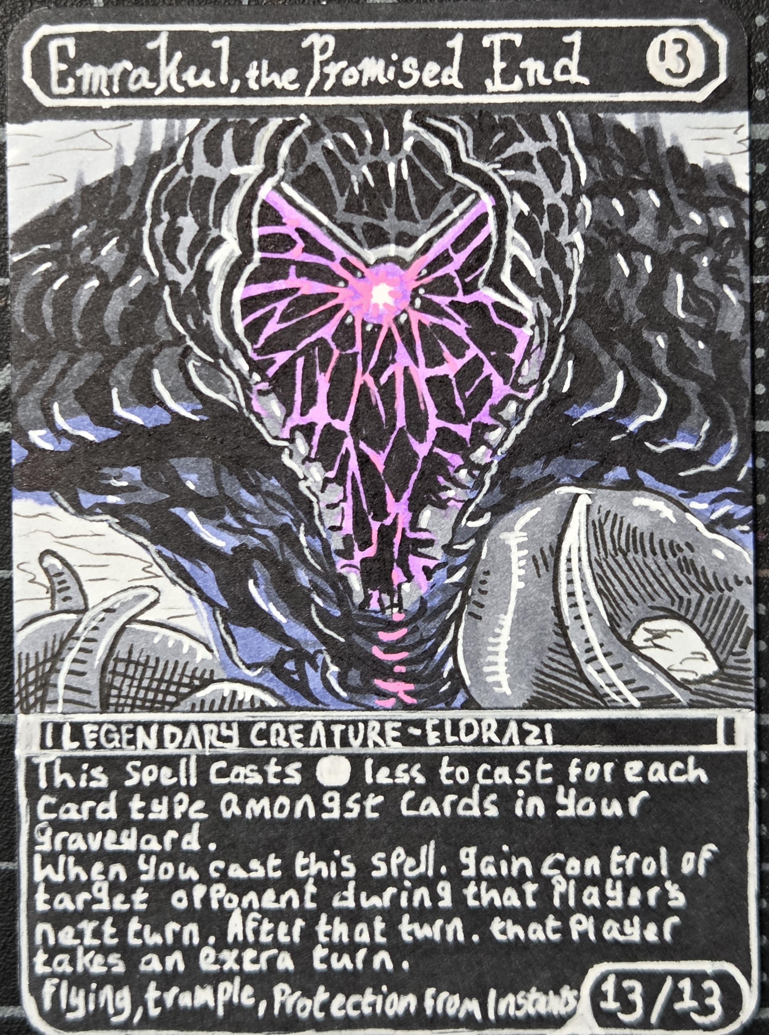 An art proxy of Emrakul, the Promised End. Without her flesh, her body is still basically the same shape, but crenellated and bumpy. Her glowing central eye is exposed, too. Naughty <3