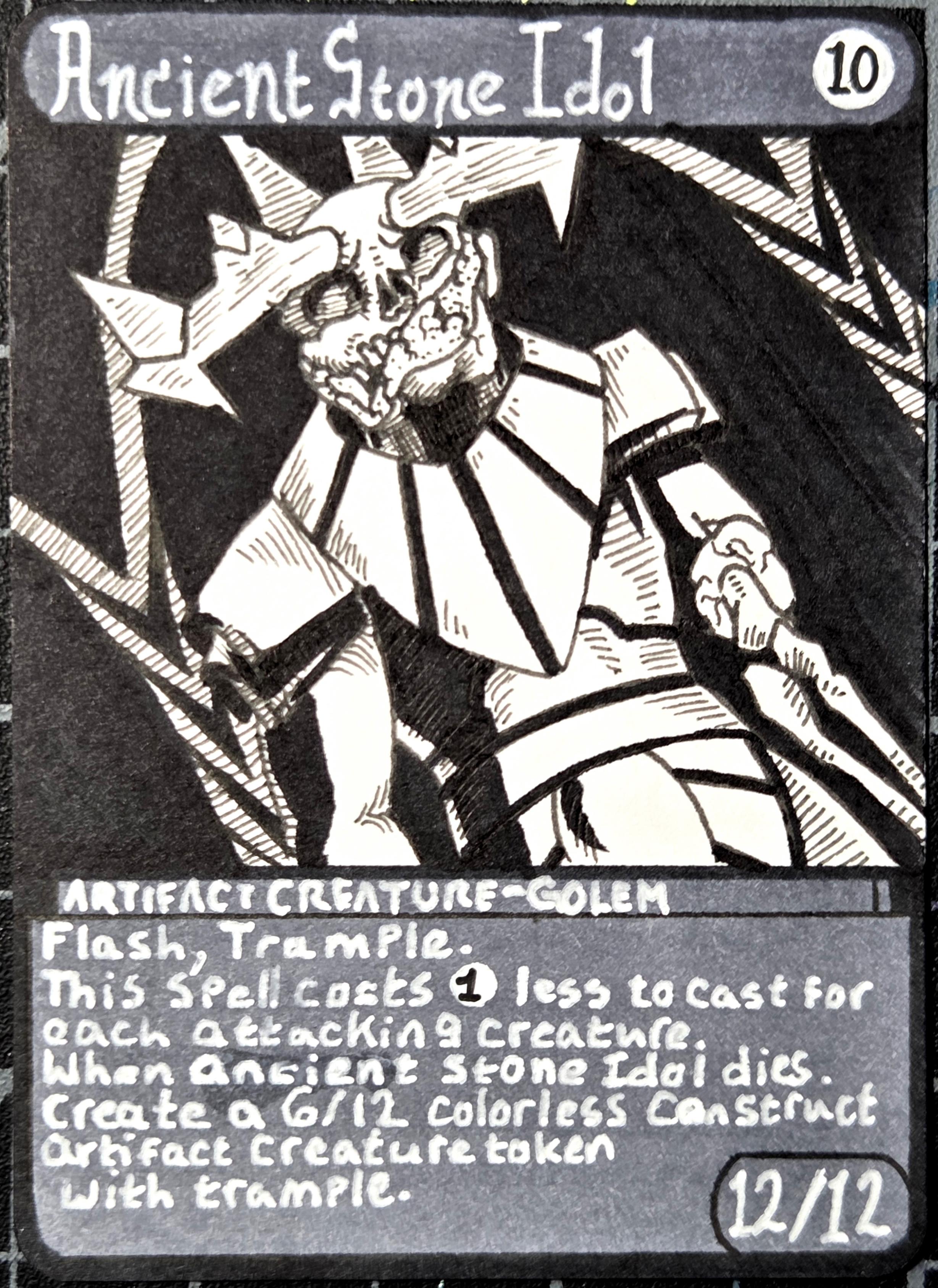 An art proxy of Ancient Stone Idol. The statue is cracked and broken, showing a skeleton underneath.