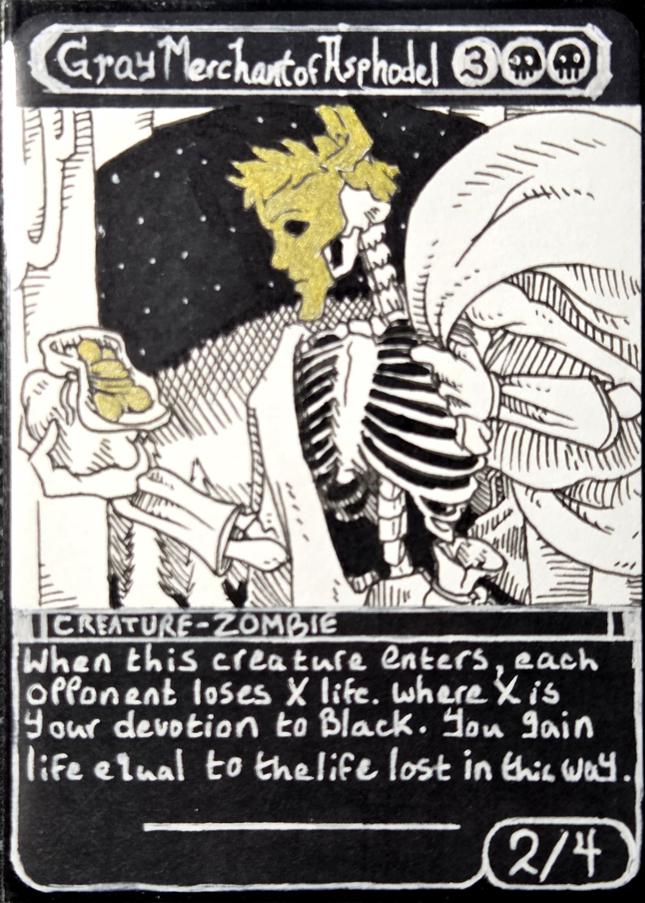 A skeleton in a toga and golden mask regards a sack of coins in its hand. A Greek landscape is in the background, flanked by curtains.