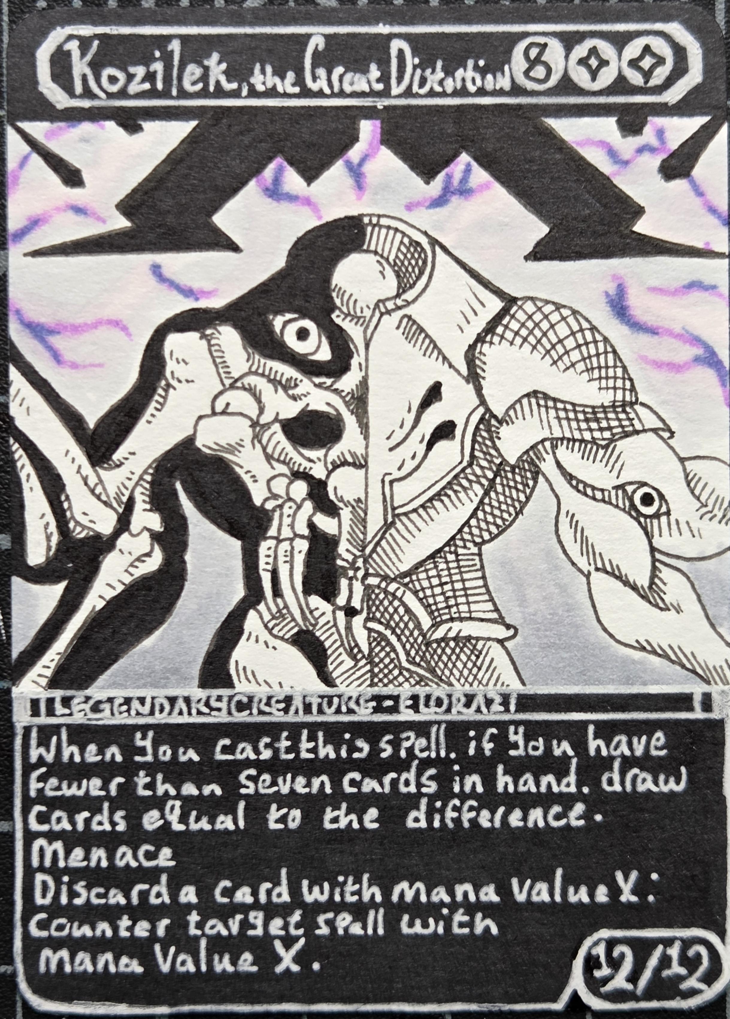 An art proxy of Kozilek, the Great Distortion. The Eldrazi's body is split down the middle with one half showing its chitinous carapace and the other showing the tangled, twisted skeleton inside.