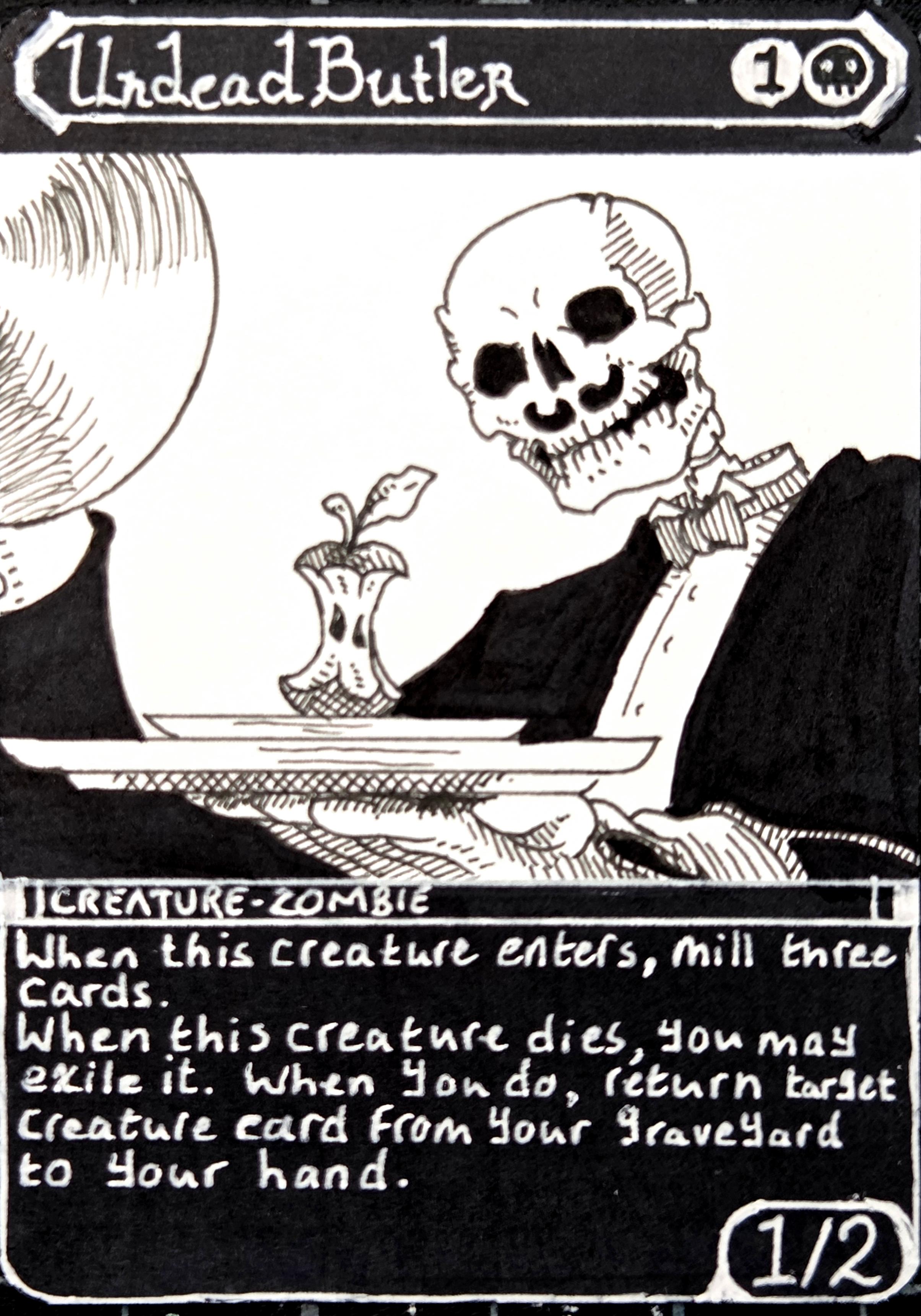 An art proxy of Undead Butler. A jaunty skeleton with a moustache and wearing eveningwear holds up a serving platter with an apple core on it.