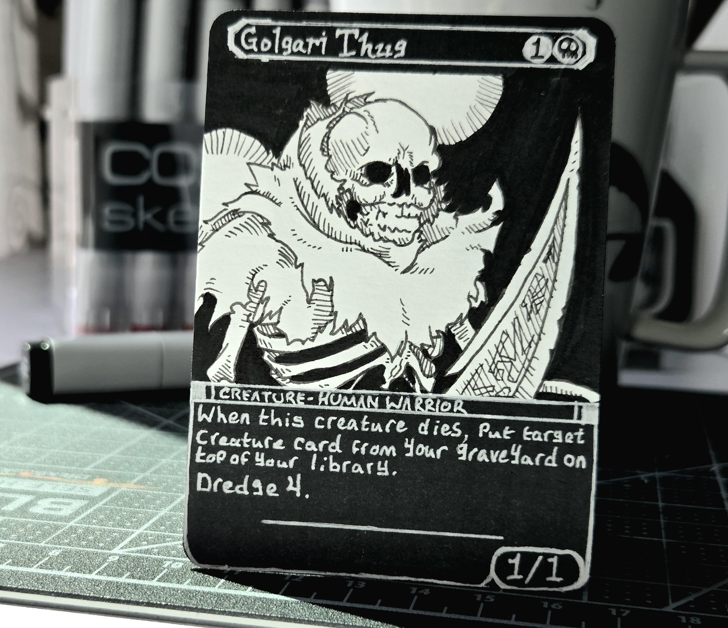An art proxy of Golgari Thug, featuring a skeleton in a cape with a scimitar.