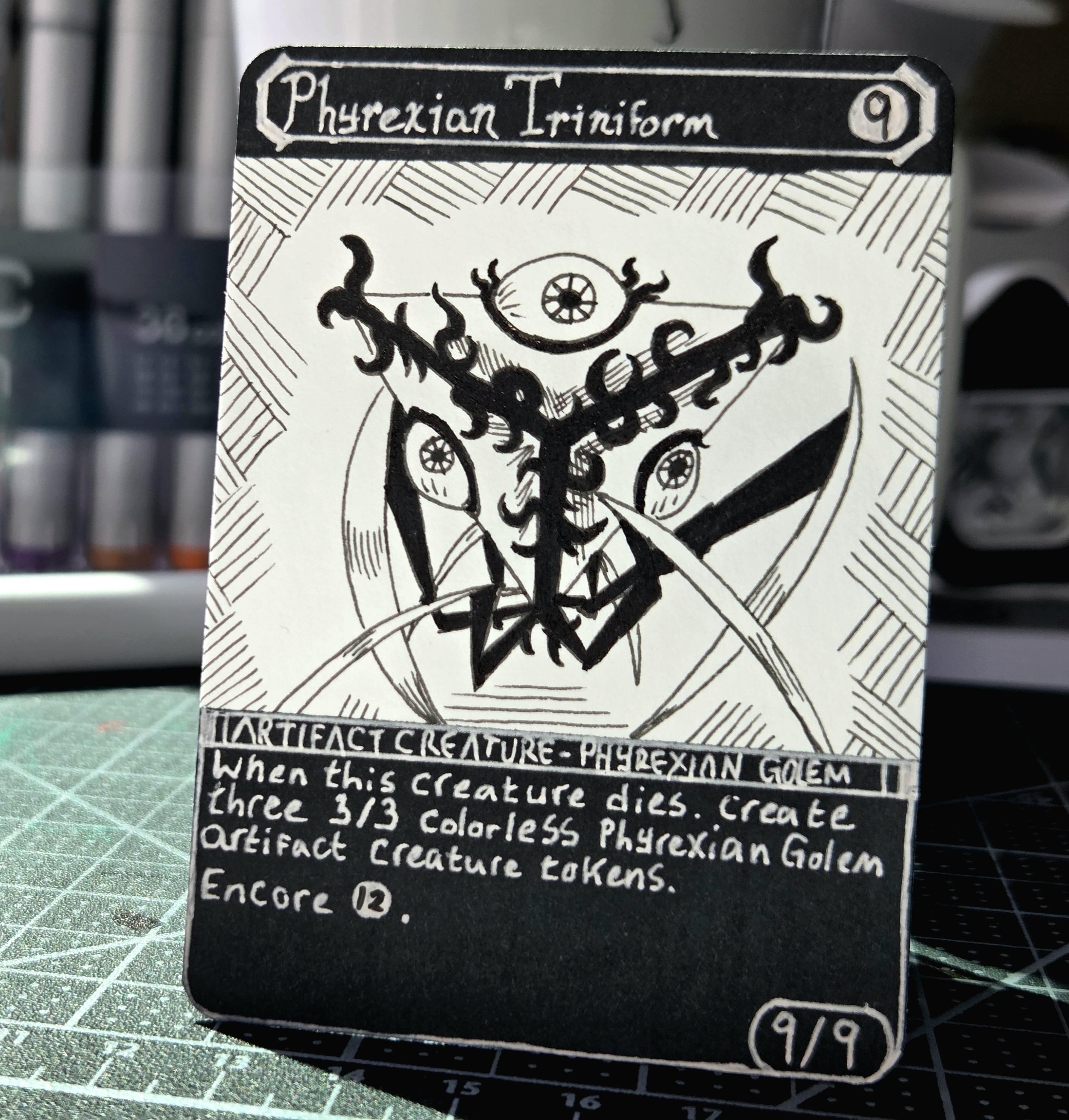 An art proxy of Phyrexian Triniform. It shows a triangular life form with spindly legs and eyes on each side. Its body is splitting open at the center to reveal black tentacles.