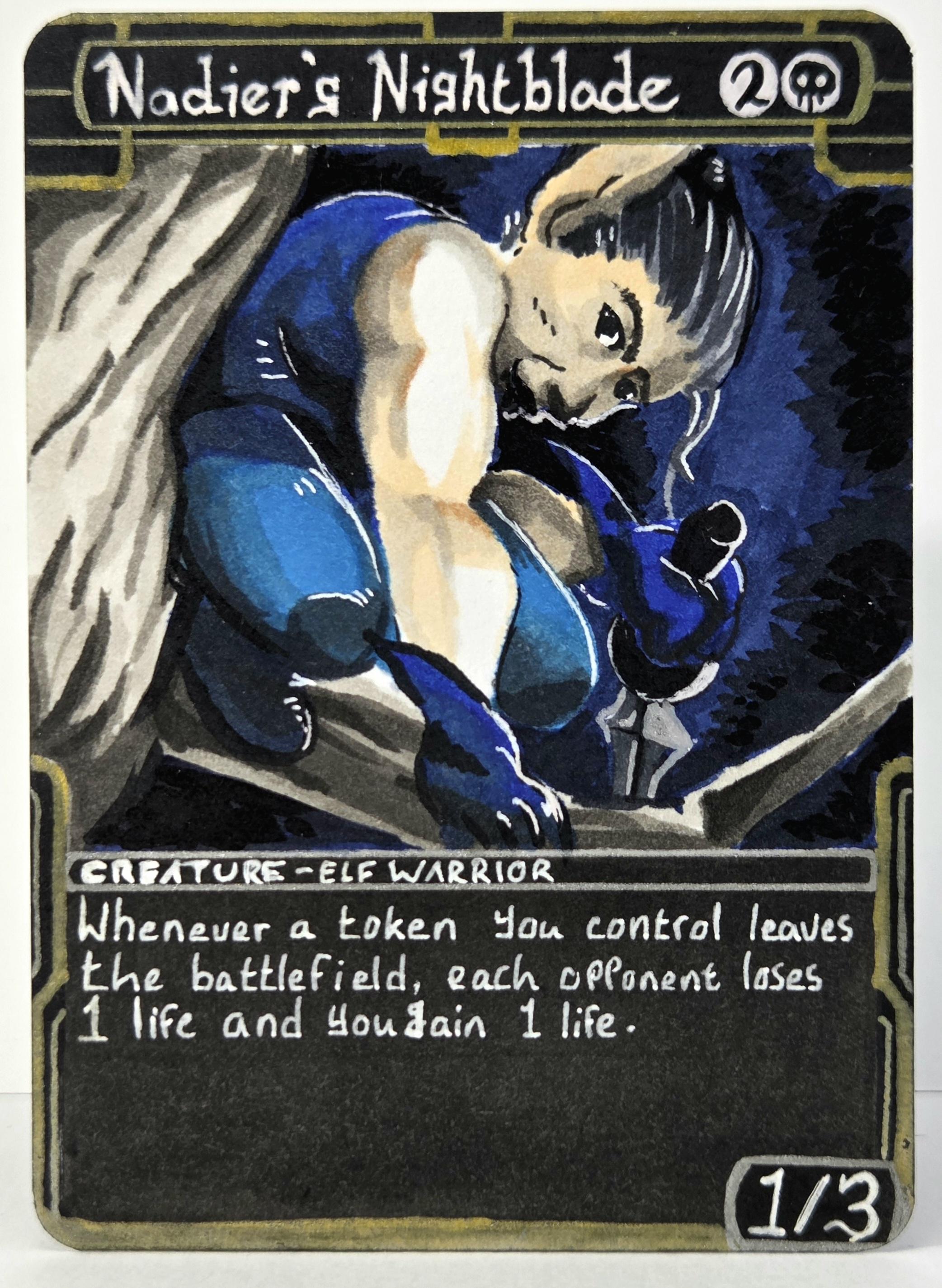 An art proxy of Nadier's Nightblade. A dark-haired elf hufdles in a tree with a knife.