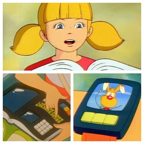three images from Inspector Gadget: Penny, her computer book and her 1980s video smartwatch