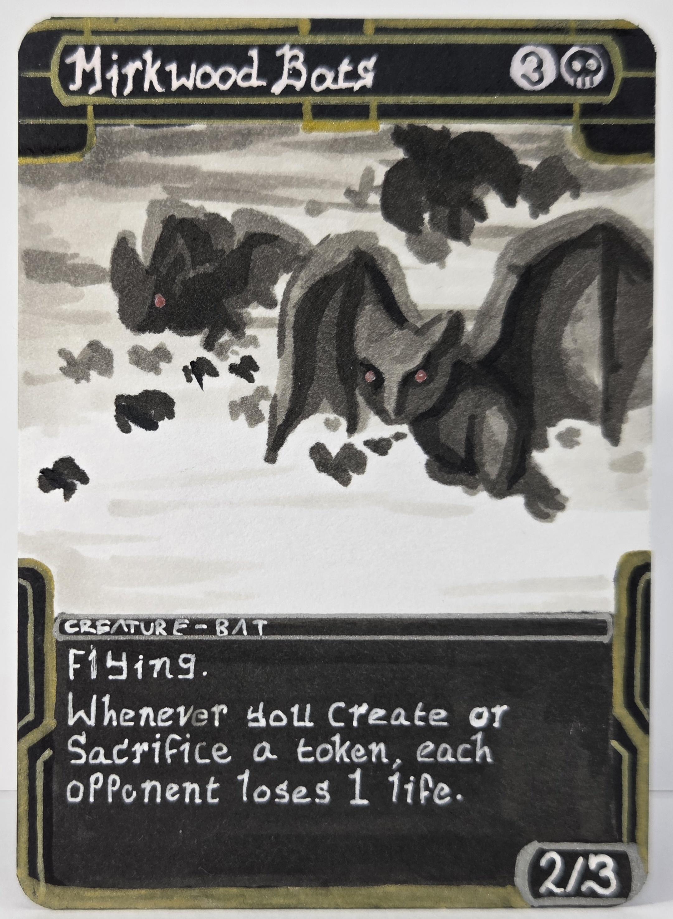 An art proxy of Mirkwood Bats. A cloud of bats with bright red eyes against a cloudy background.