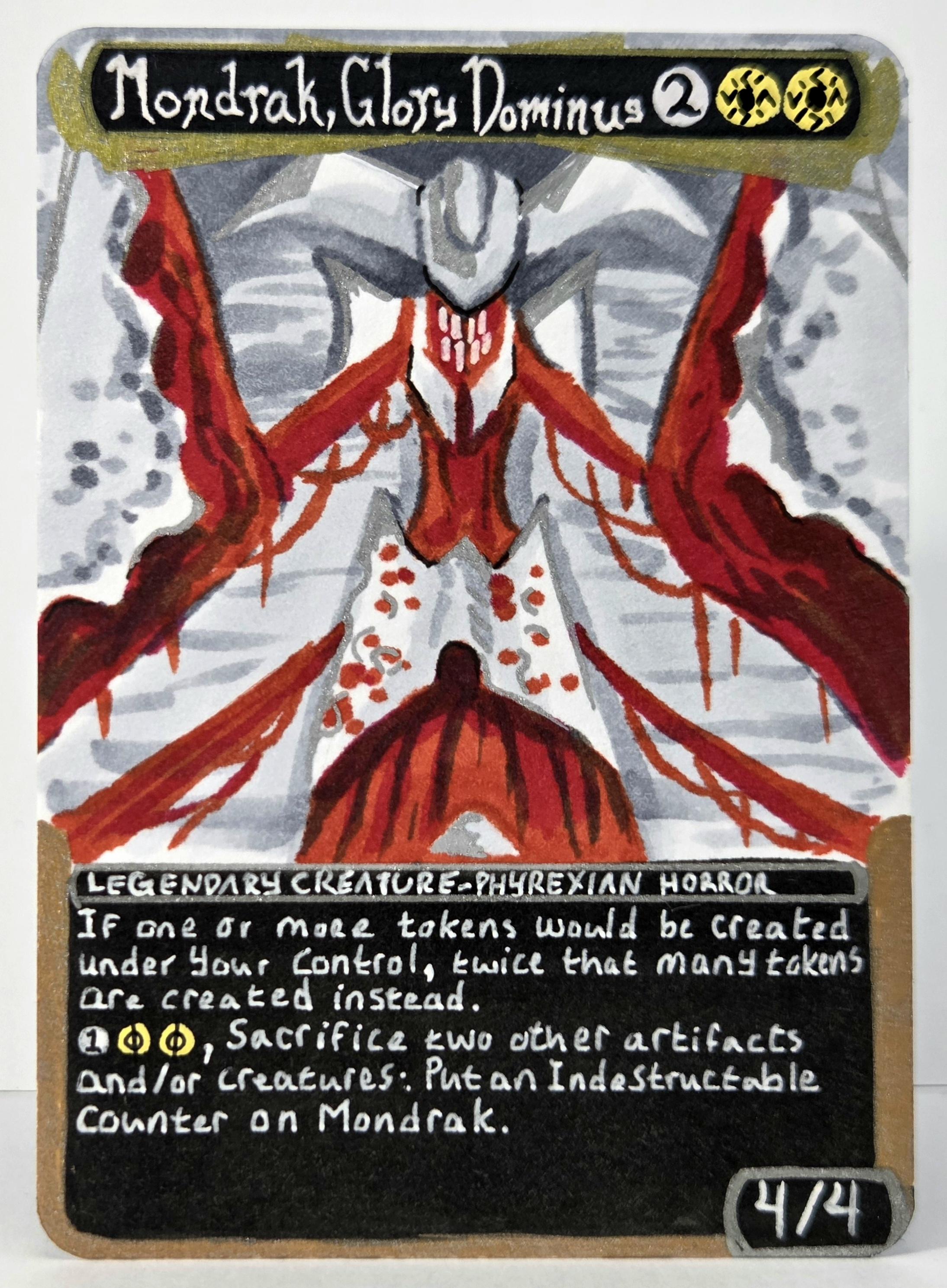 An art proxy of Mondrauk, Glory Dominus. A fleshy red Phyrexian with white ceramic armor and fleshy threads that hang between its appendages.