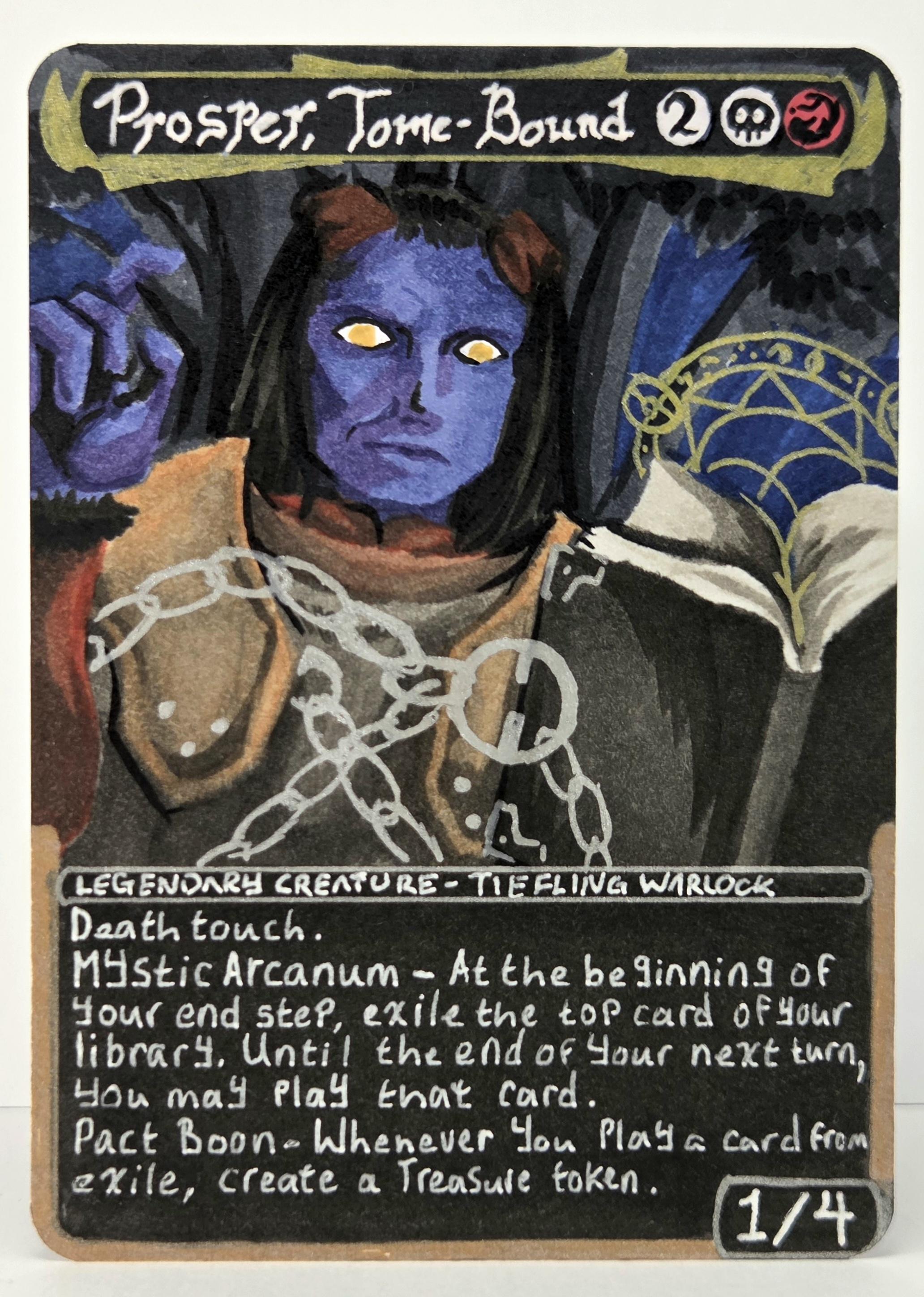 An art proxy of Prosper, Tome-Bound. A purple-skinned Tiefling with long dark hair stares ominously into a spellbook that is chained to him at the chest.