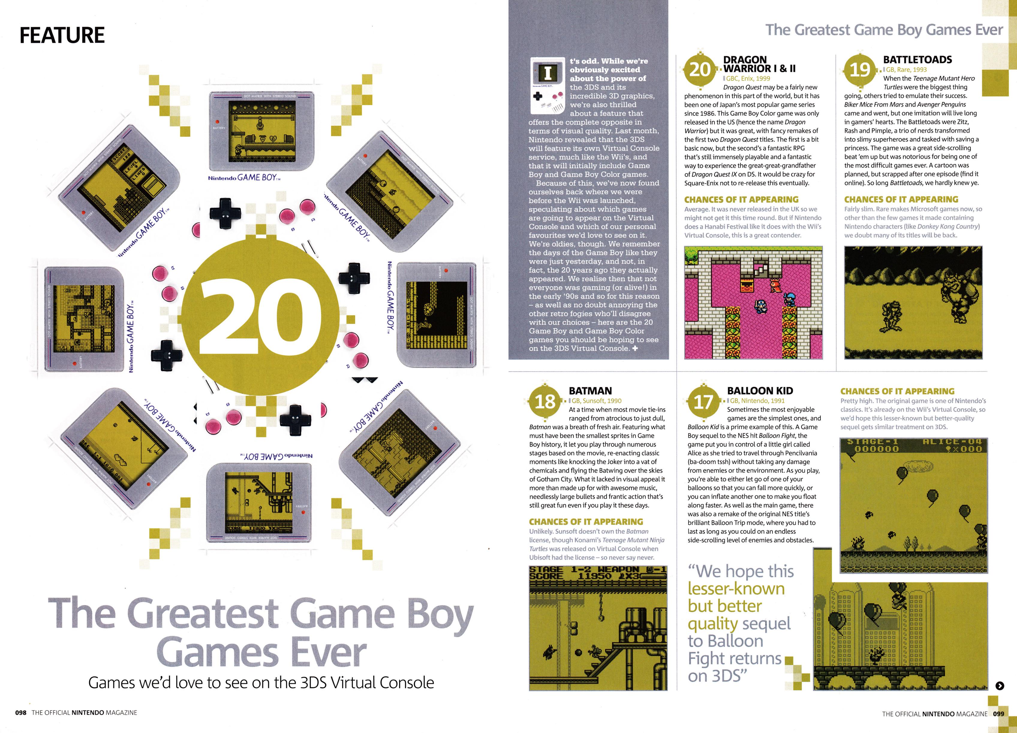 Feature titled: The Greatest Game Boy Games Ever
Taken from Official Nintendo Magazine 63 - Christmas 2010 (UK)