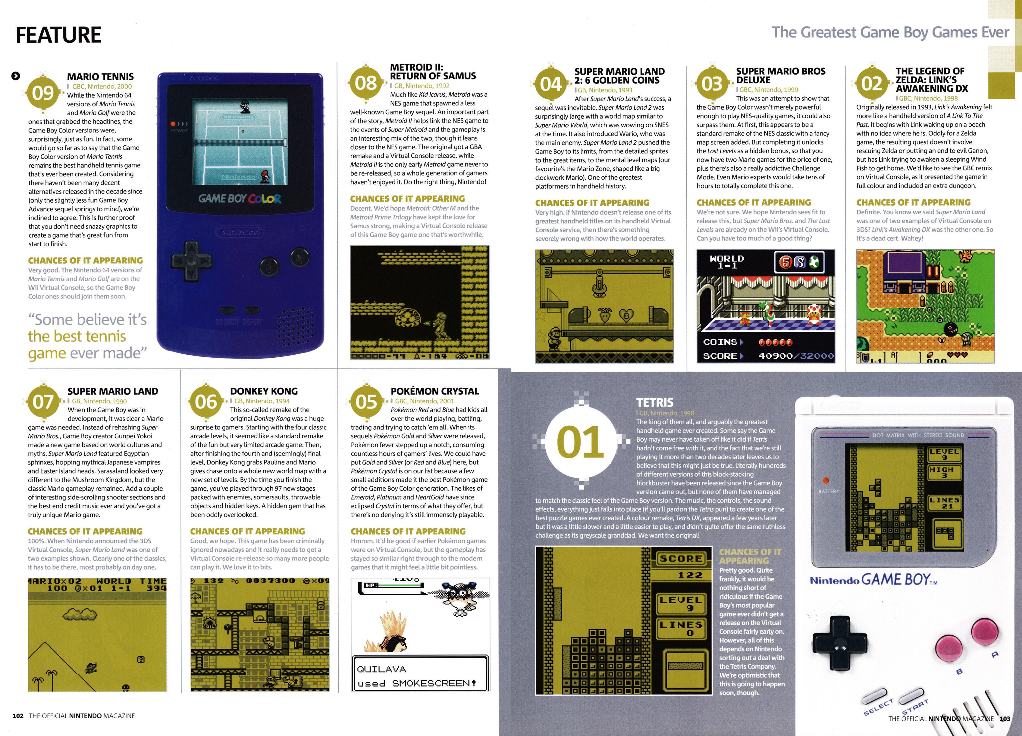 Feature titled: The Greatest Game Boy Games Ever
Taken from Official Nintendo Magazine 63 - Christmas 2010 (UK)